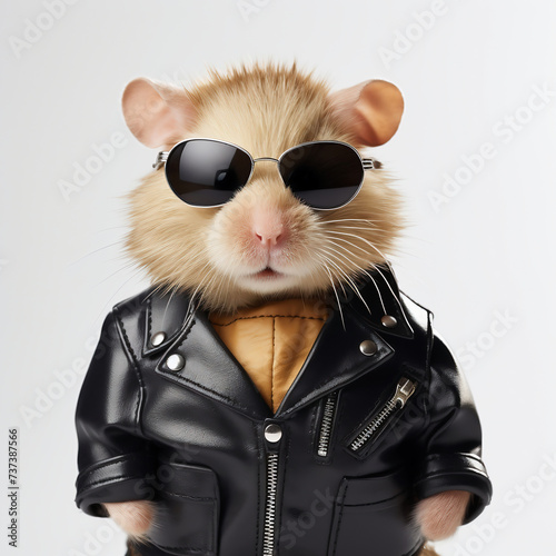 Fashion portrait of a cute hamster in leather jacket and sunglasses.