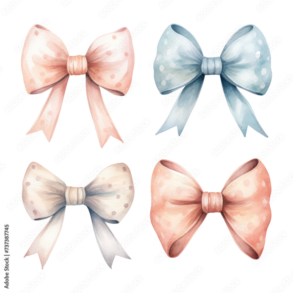 Set of bow watercolor Illustration for greeting cards, printing and other design projects.