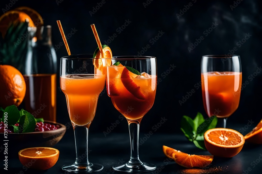 Fruit cocktail, orange. Photo of drinks on a dark background. High quality photo