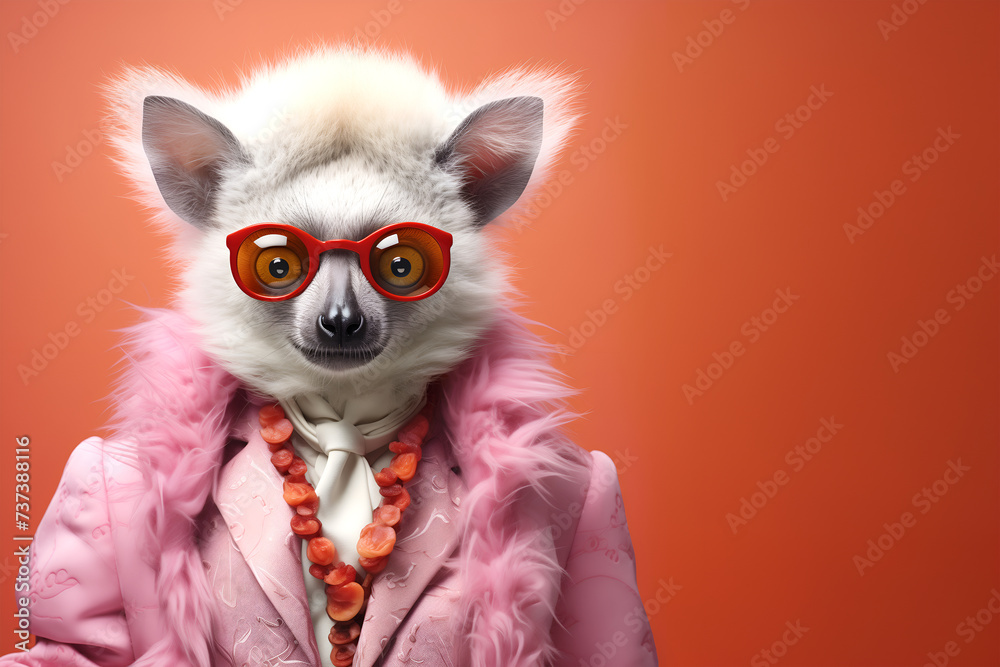 Creative animal concept. Lemur in glam fashionable couture high end outfits isolated on bright background advertisement, copy space. birthday party invite invitation banner