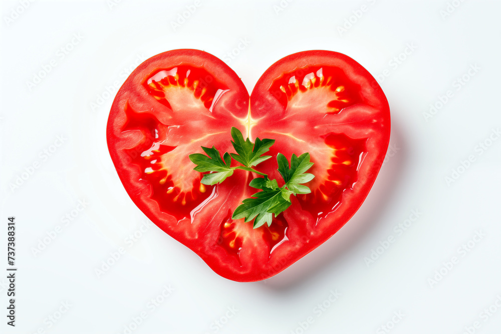 heart made of tomato and parsley on white background, top view