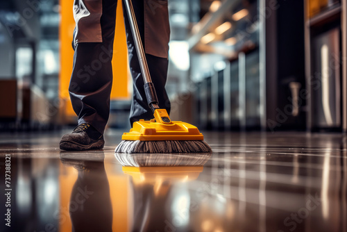 Close up of a man cleaning floor with a broom in the office photo