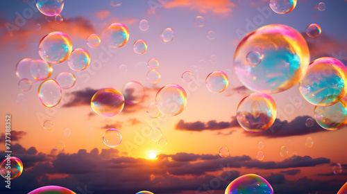 A colorful bubble is floating in the sky,, A sunset with bubbles in the water and the sky in the background