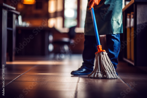 Close up of a man sweeping the floor with a mop. Cleaning service concept. photo