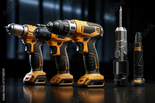 Set of electric drills on a dark background. 3d illustration. photo