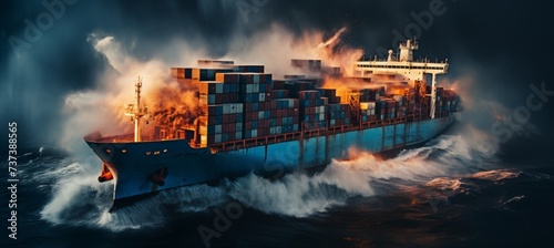 Cargo ship crash in storm, containers fall into blue waterbusiness insurance incident concept.