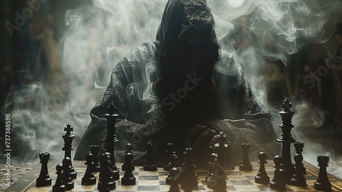 Chess board game concept of business idea, Grim Reaper is playing chess