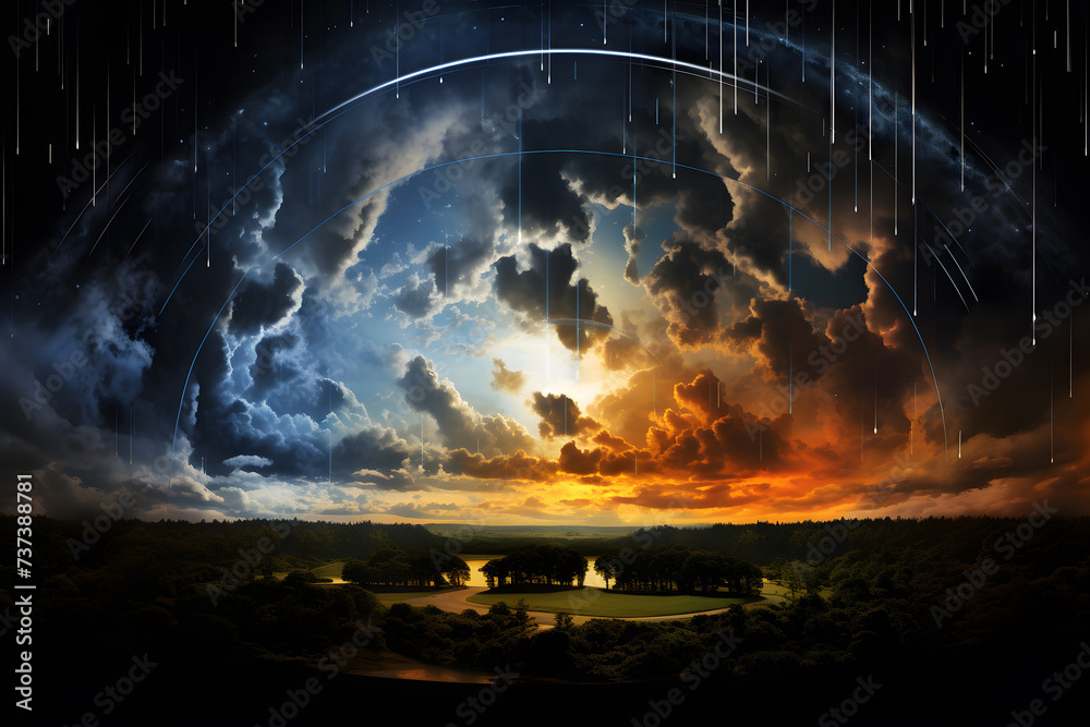 World Meteorological Day. Demonstration of the transition of day and night with falling small meteorites, or light bolides in the sky. World Meteorological Day. Demonstration of the transition of day and night with falling small meteorites, or light bolides in the sky.