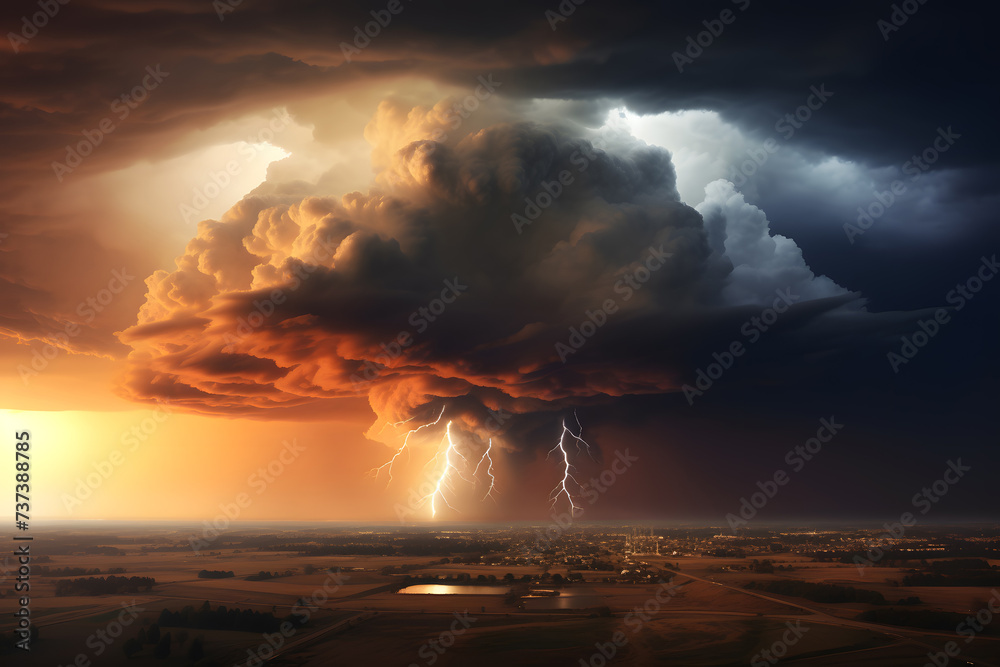 A hurricane forming or a super typhoon over the countryside. Atmospheric cyclone. An incoming lightning storm. - obrazy, fototapety, plakaty 