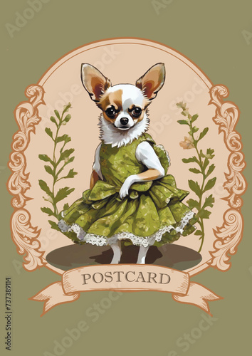 Vector chihuahua dog in green dress retro vintage illustration greeting card for happy wedding
