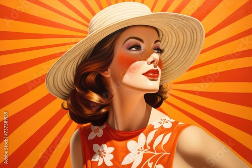 Vivid illustration of a woman in a sunhat  her face graced by sunlight  against a radiant orange  sunray backdrop