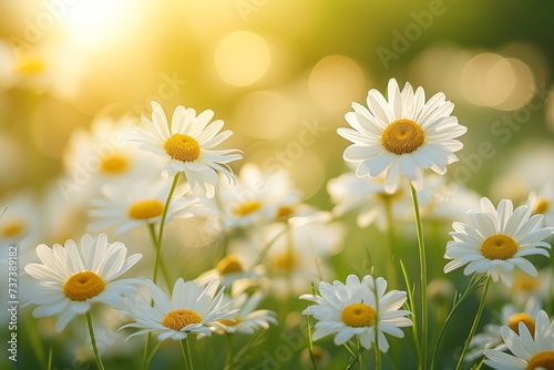 Chamomiles or daisies bloom in a field. Background with selective focus and copy space