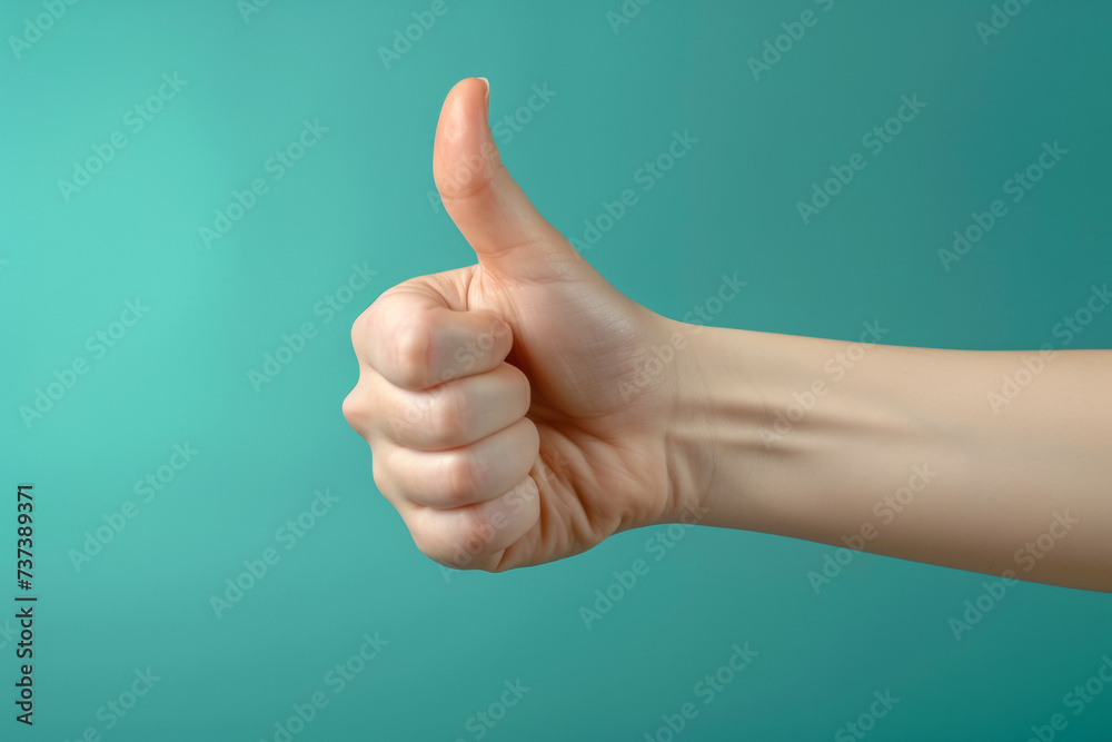 Thumbs up gesture in studio, advertising concept. Background with selective focus and copy space