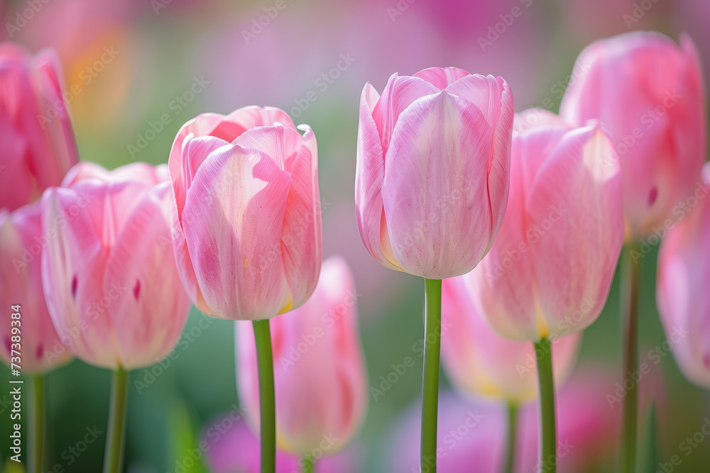 Spring tulips of the same color. Background with selective focus and copy space Spring tulips of the same color. Background with selective focus and copy space