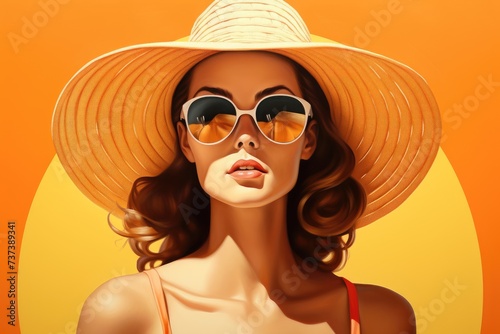 Woman clad in a breezy summer outfit. She exudes grace and poise, shielded from the sun's rays by a wide-brimmed straw hat and chic sunglasses © gankevstock
