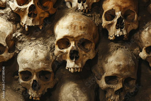 Human skulls, horror concept. Background for design with selective focus and copy space.
