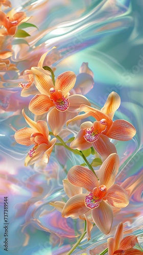 the delightful dance of orchids as they descend in a playful manner from a waterfall, captured in aerial brilliance.