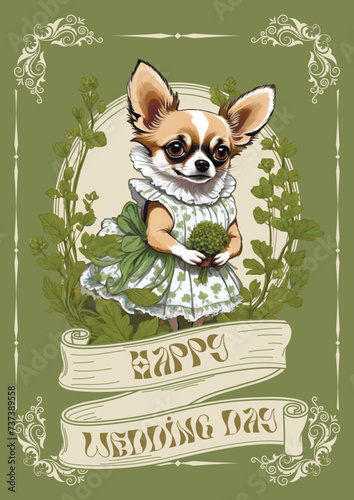 Vector chihuahua dog in white dress retro vintage illustration greeting card for happy wedding