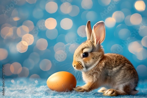Adorable bunny with golden egg on sparkling blue background. perfect for easter greetings. high-quality image for stock. AI