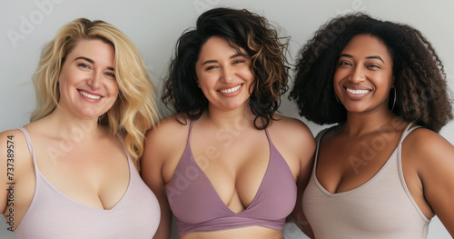 Inclusive studio portrait of three happy and confident curvy women with various diverse skin colors and body types, multi ethnic group posing with gray background