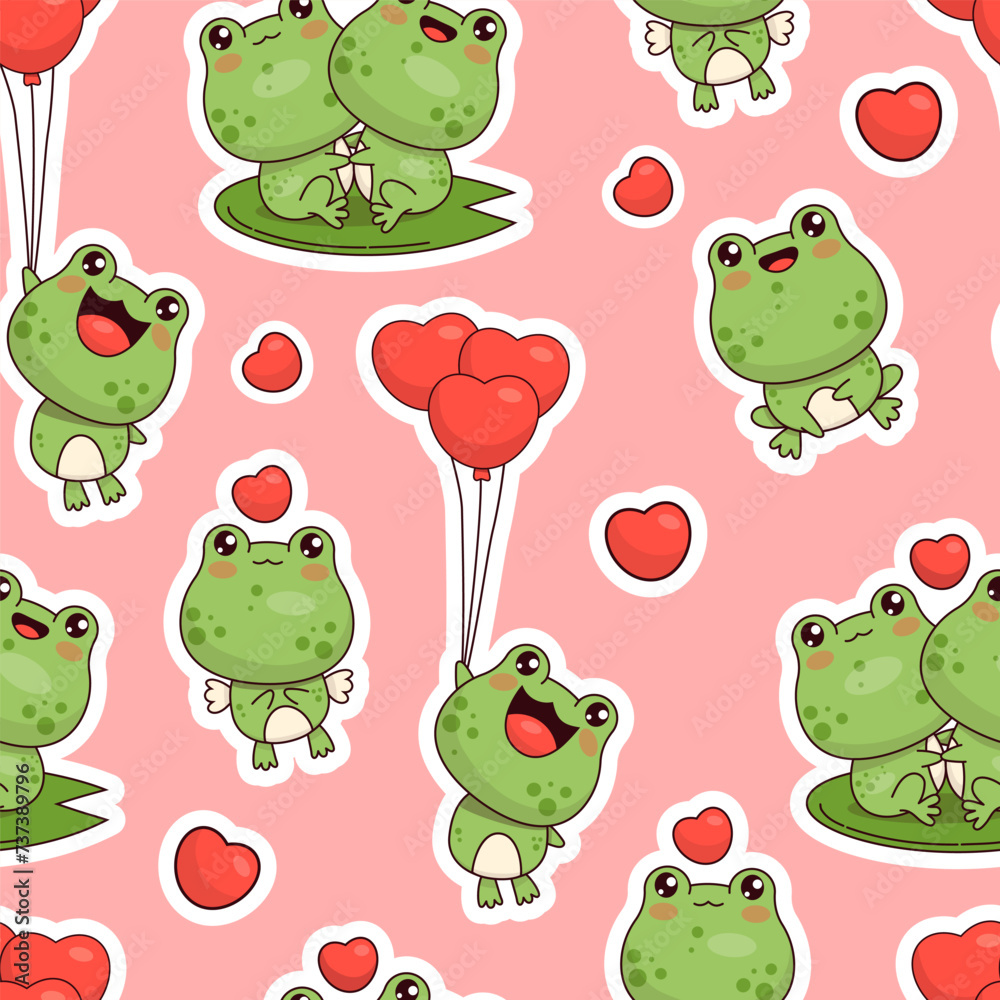 Fototapeta premium Seamless pattern with romantic frogs on pink background with hearts. Cute romantic kawaii animal character. Vector illustration.