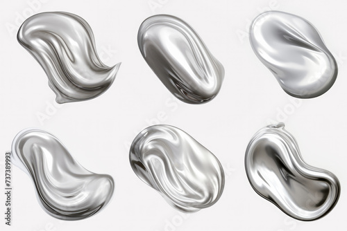 Set of liquid chrome sparking deformed drops on white background, abstract art decoration