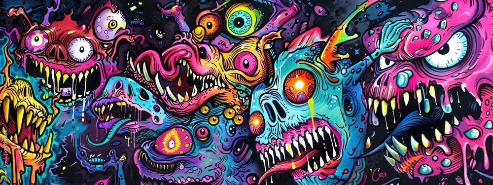 Naklejka premium Monster colorful background. Full of monsters, doodling, drawn by colorful heavy marker. 
