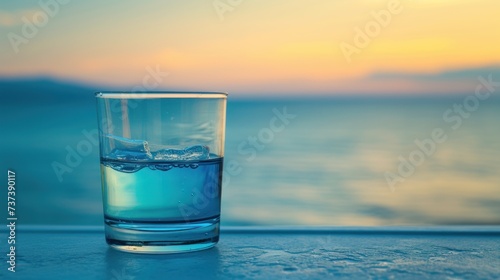 a glass of water sitting on top of a table next to a body of water with a sunset in the background.