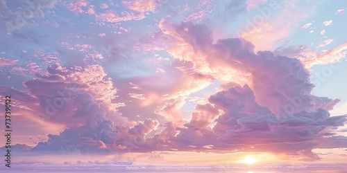  pink and purple sky at sunset. Sky panorama background, header and web banner, pink clouds sky background