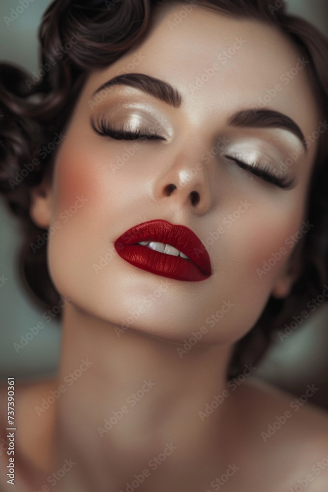 portrait d'une femme fatale actrice de cinéma avec cheveux bouclés et rouge à lèvre, dans le style des années 50 portrait d'une femme fatale actrice de cinéma avec cheveux bouclés et rouge à lèvre, dans le style des années 50