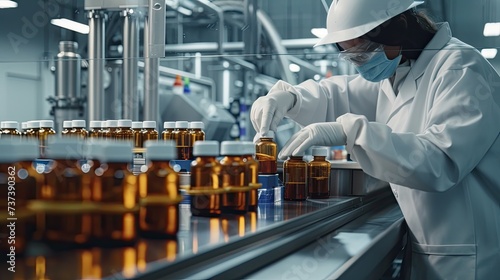 staff check Medical vials on production line , Pharmaceutical machine working pharmaceutical glass bottles production line photo