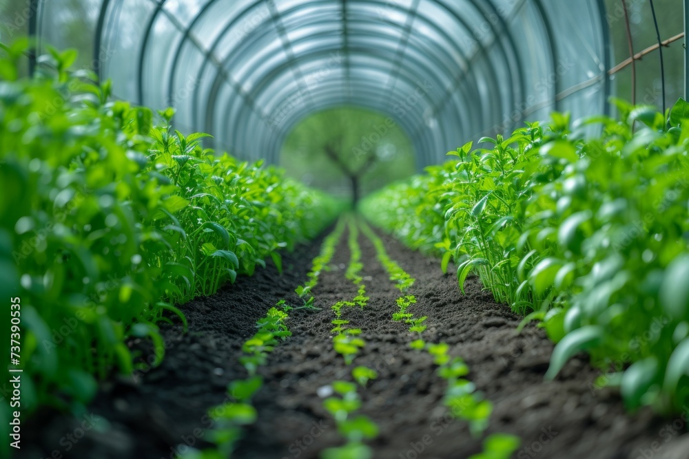 Farm greenhouse, interior view. Backdrop with selective focus and copy space Farm greenhouse, interior view. Backdrop with selective focus and copy space
