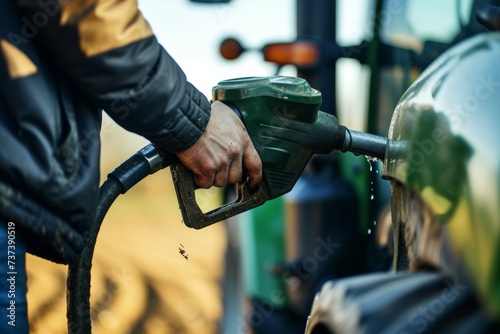 Farmer's hand with a fuel gun at a gas station. Backdrop with selective focus and copy space