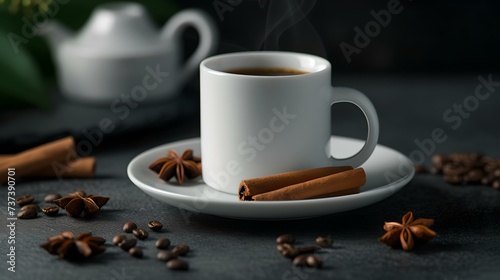 Steaming cup of coffee on saucer  surrounded by beans and spices. ideal for relaxation and cozy moments. stock image. AI