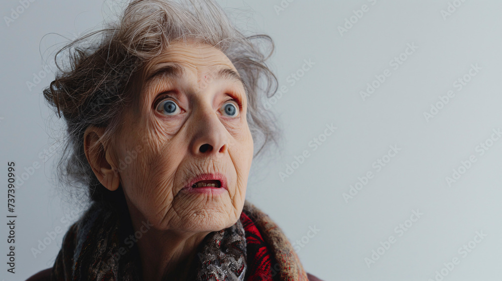 Mujer mayor con expresión de sorpresa sobre un fondo liso de color claro - obrazy, fototapety, plakaty 