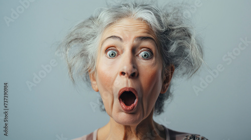 Mujer mayor con expresión de sorpresa sobre un fondo liso de color claro