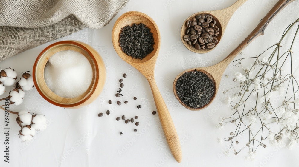 a white table topped with wooden spoons filled with different types of black and white items next to cotton floss. a white table topped with wooden spoons filled with different types of black and white items next to cotton floss.