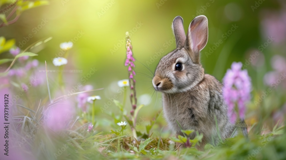 Fototapeta premium a rabbit is sitting in a field of wildflowers and looking at the camera with a curious look on its face.