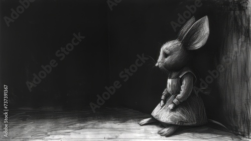 a black and white drawing of a rabbit sitting in a corner with its head turned to the side of the frame.