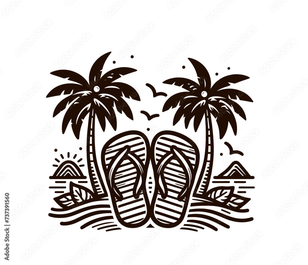 Palm beach vacation vector illustration emblem. Ocean, sunrise, holiday.

