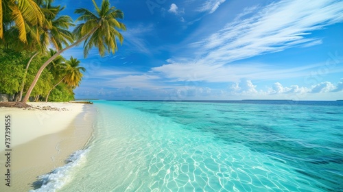 a tropical beach with palm trees on the shore and clear blue water on a sunny day with clouds in the sky. © Olga