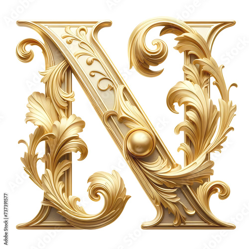 An ornate Heraldic style golden N letter cutout