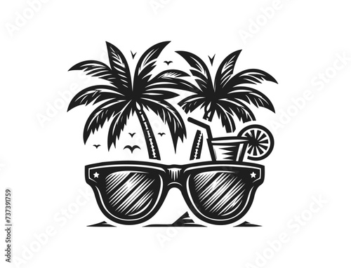 Palm beach vacation and sunglasses vector illustration emblem. Ocean, sunrise, holiday.