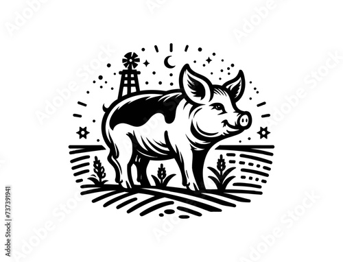 Monochrome vintage pig emblem. Isolated vector illustration	
