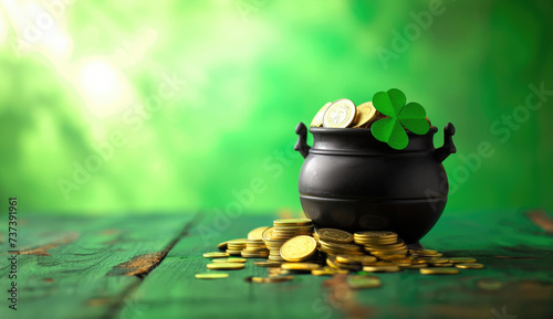 Pot with gold and clover isolated on a table with a green background, in daylight