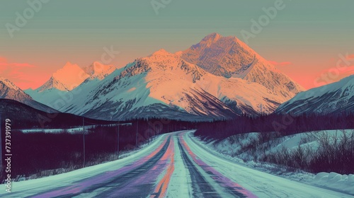 a painting of a snow covered road in front of a mountain range with a red and blue sky in the background.