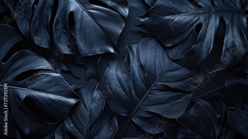 textures of abstract black leaves for monstera leaf background top view. tropical leaf. Dark background 