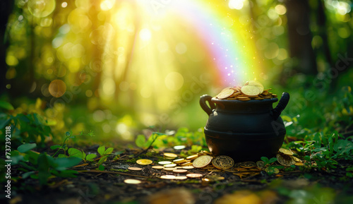 Pot of gold at the of rainbow in a forest during daylight