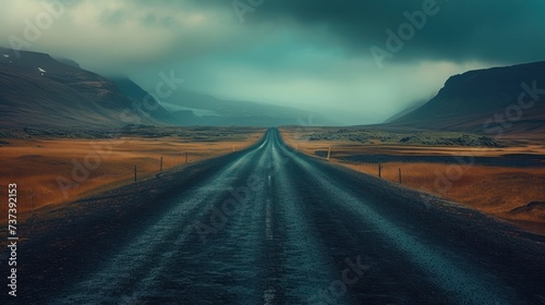 a long straight road in the middle of a field with mountains in the background and a sky filled with clouds.