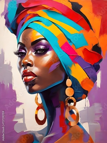 Colorful artistic portrait of a black woman wearing a modern turban. Abstract painting. African culture. Generative AI © Carlos